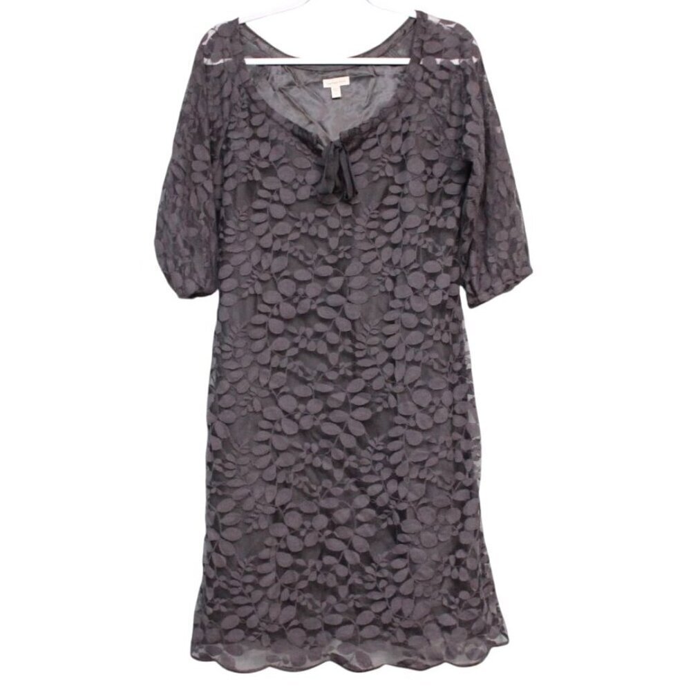 Garnet Hill Dress Size 4 Gray Boho Lace Tie Neck Shift Boheme 3/4 Sleeve Wedding